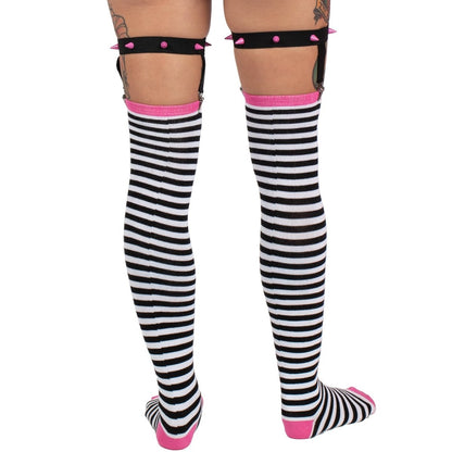 Too Fast | Distressed Punk Stripes Thigh High Garter Socks