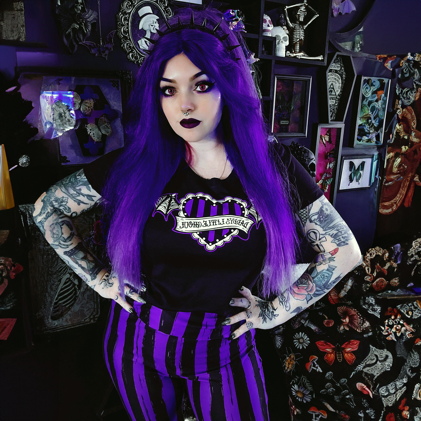 Purple Black Striped High Waist Leggings