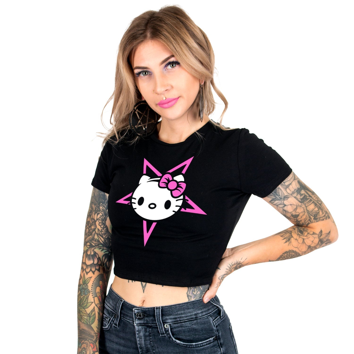 Hello Satan Kitty Crop Baby Tee