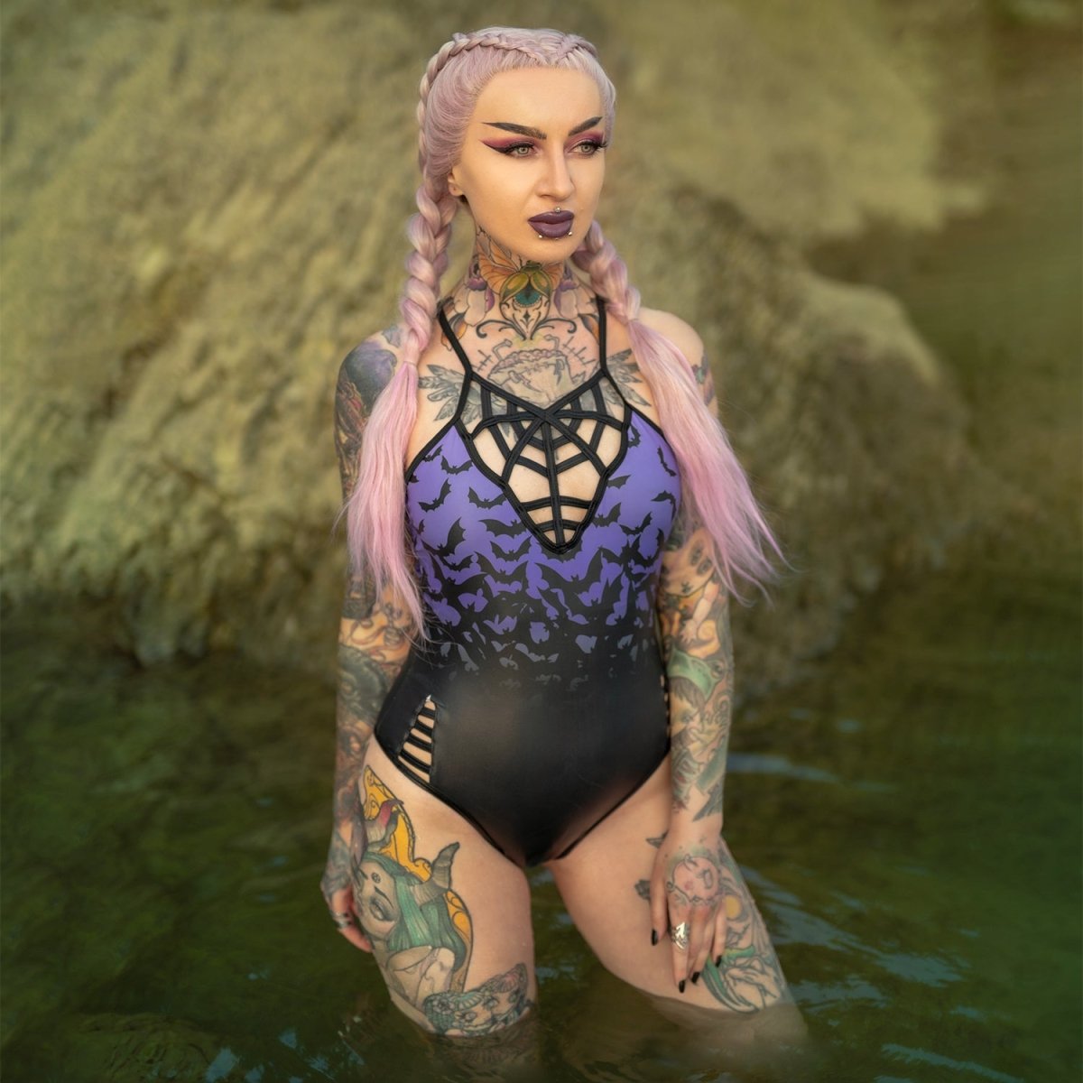 Too Fast | Bats Fly at Dawn Purple Sky Web Caged One Piece Swimsuit