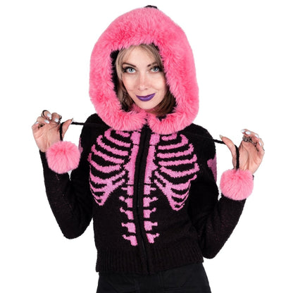 Too Fast | Bony Skeleton Cardigan Fuzzy Zip Up Sweater