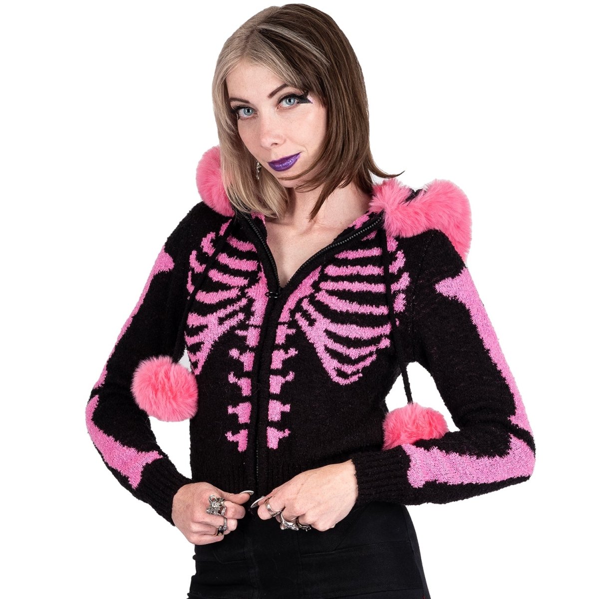 Too Fast | Bony Skeleton Cardigan Fuzzy Zip Up Sweater