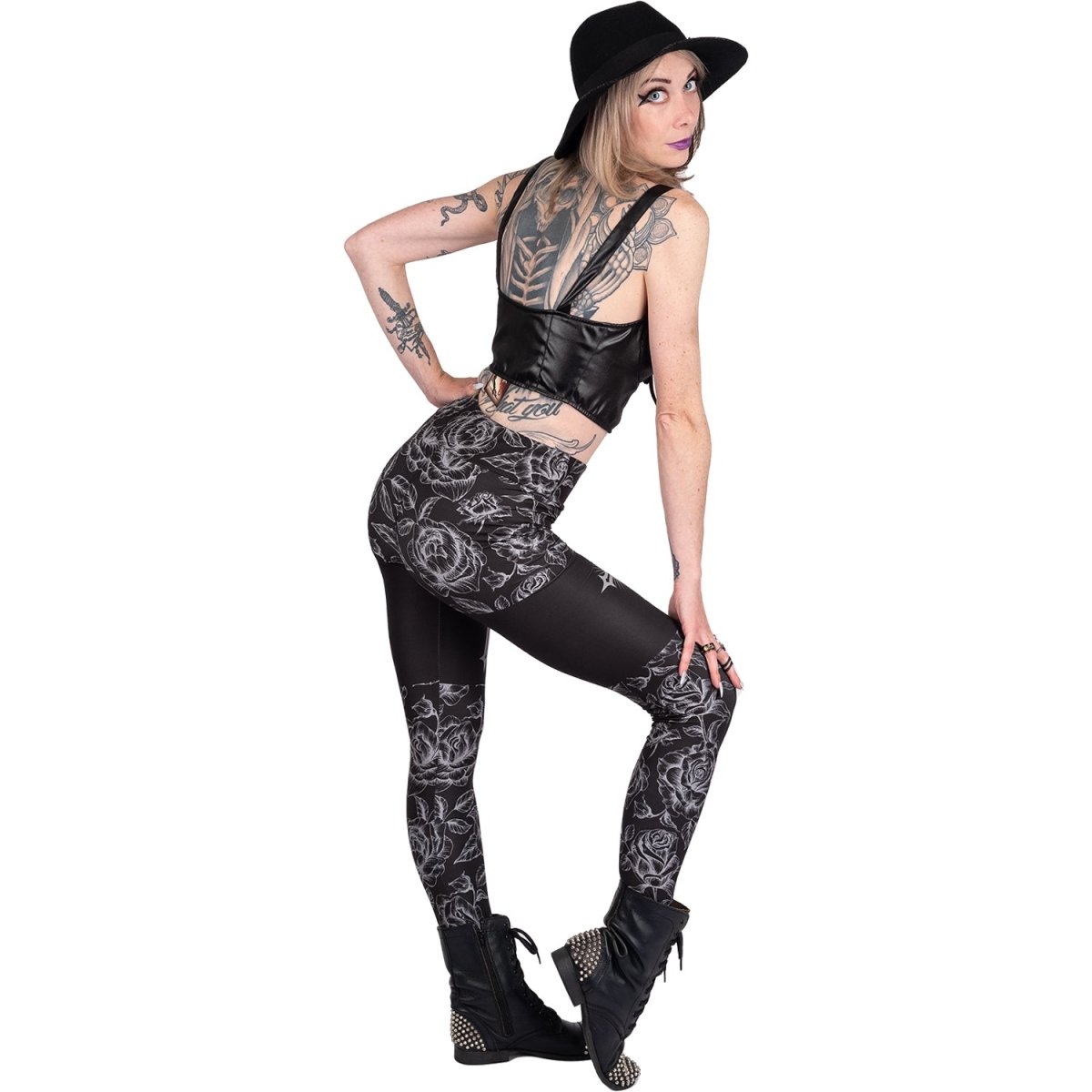 Too Fast | Classic Goth Rose Cross High Waist Leggings