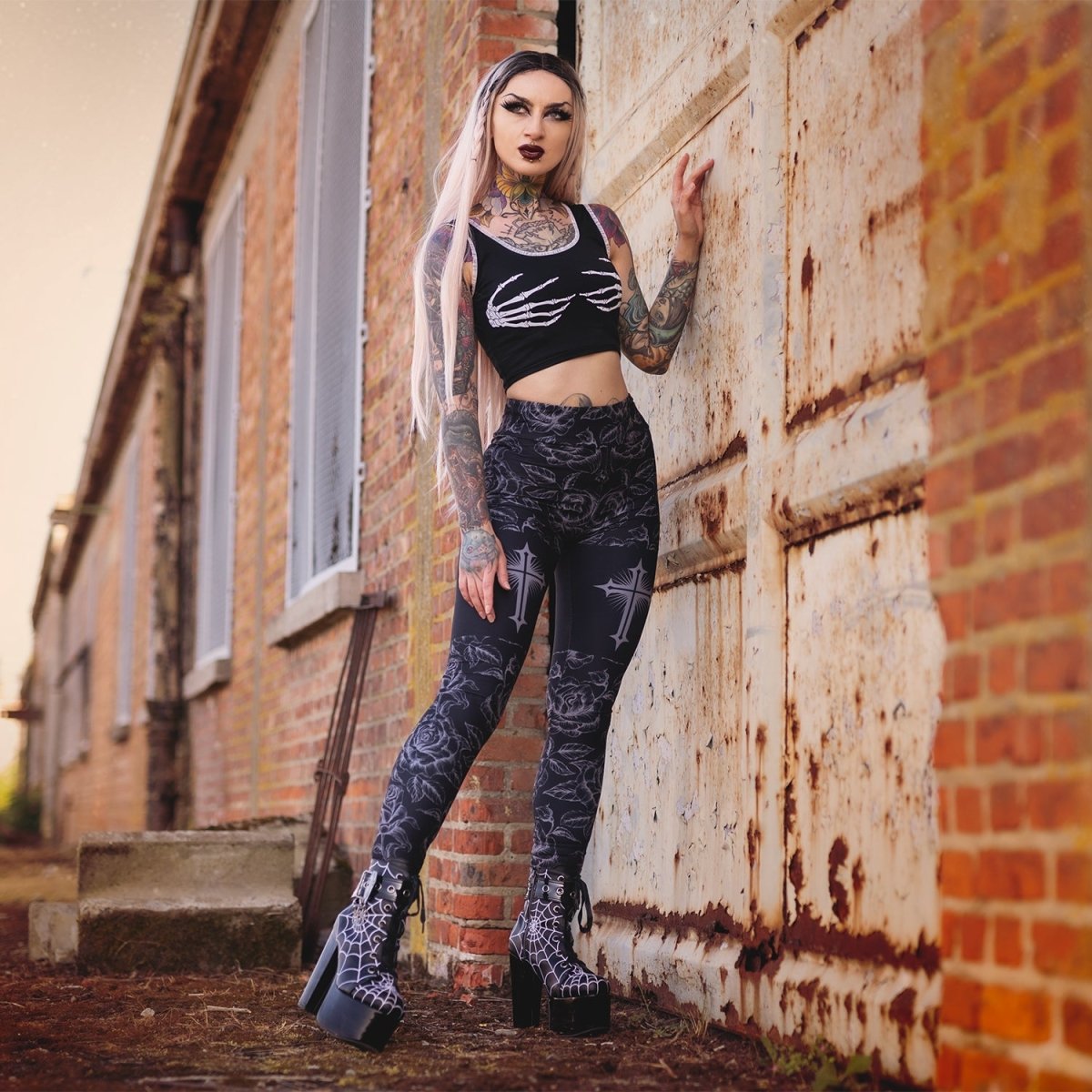 Too Fast | Classic Goth Rose Cross High Waist Leggings