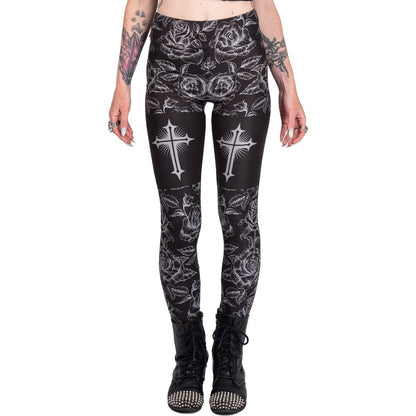 Too Fast | Classic Goth Rose Cross High Waist Leggings