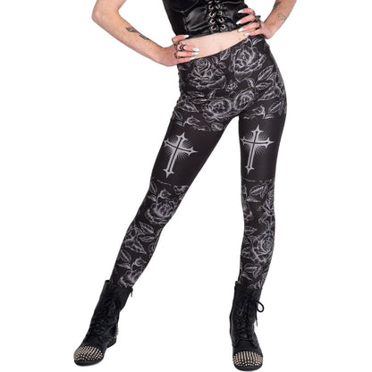 Too Fast | Classic Goth Rose Cross High Waist Leggings