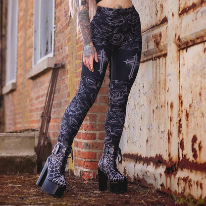 Too Fast | Classic Goth Rose Cross High Waist Leggings