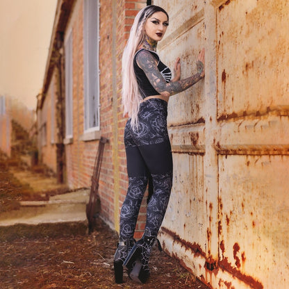 Too Fast | Classic Goth Rose Cross High Waist Leggings