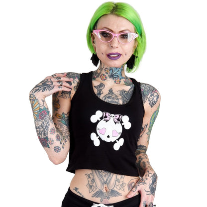 Too Fast | Cute Heart Eye Skull With Bow Cropped Tank Top