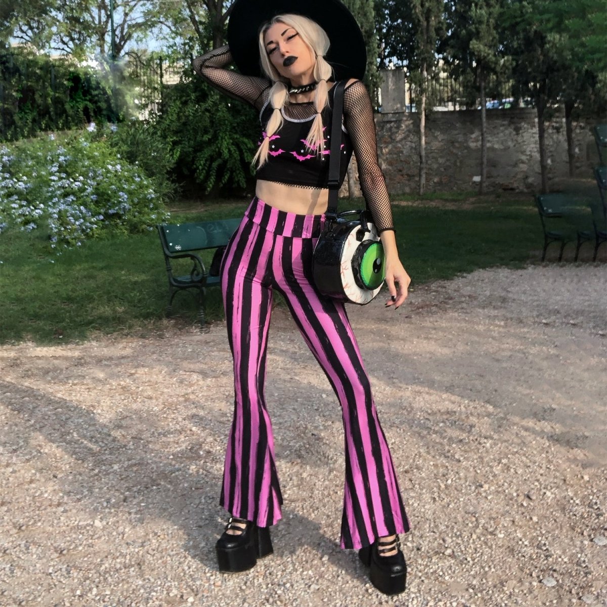 Too Fast | Distressed Pink Stripes Flare Pants Hellz Bellz