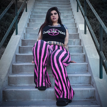 Too Fast | Distressed Pink Stripes Flare Pants Hellz Bellz