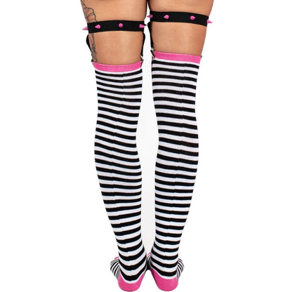 Too Fast | Distressed Punk Stripes Thigh High Garter Socks