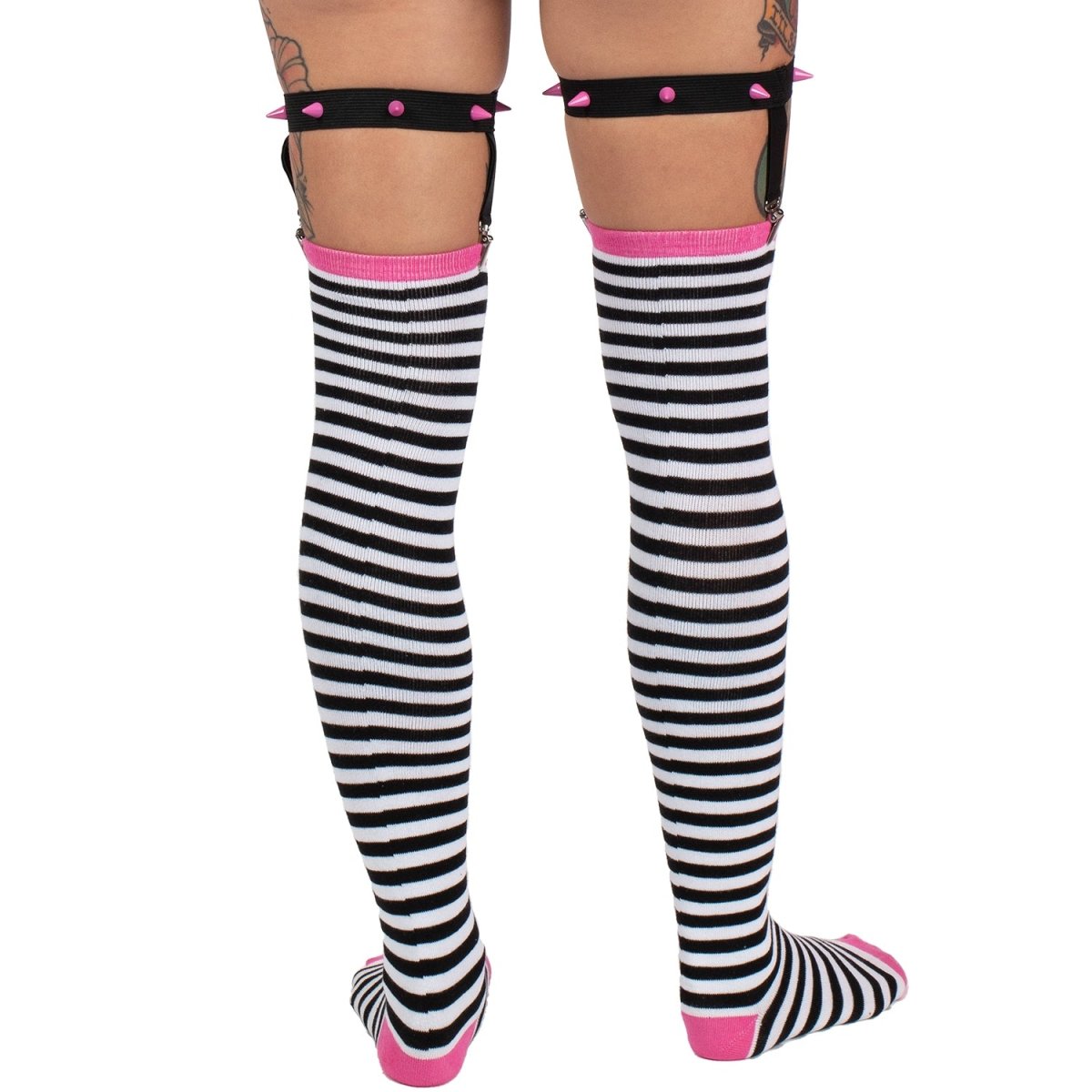 Too Fast | Distressed Punk Stripes Thigh High Garter Socks