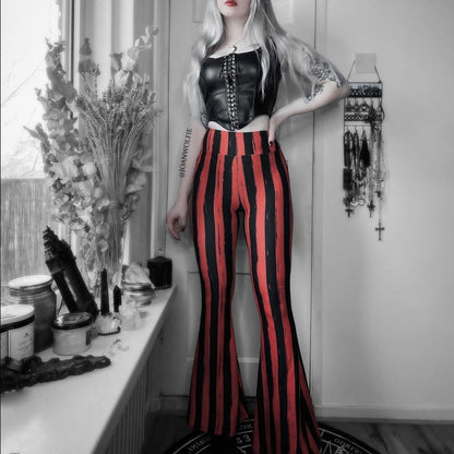 Too Fast | Distressed Red And Black Striped Hellz Bellz Bell Bottoms