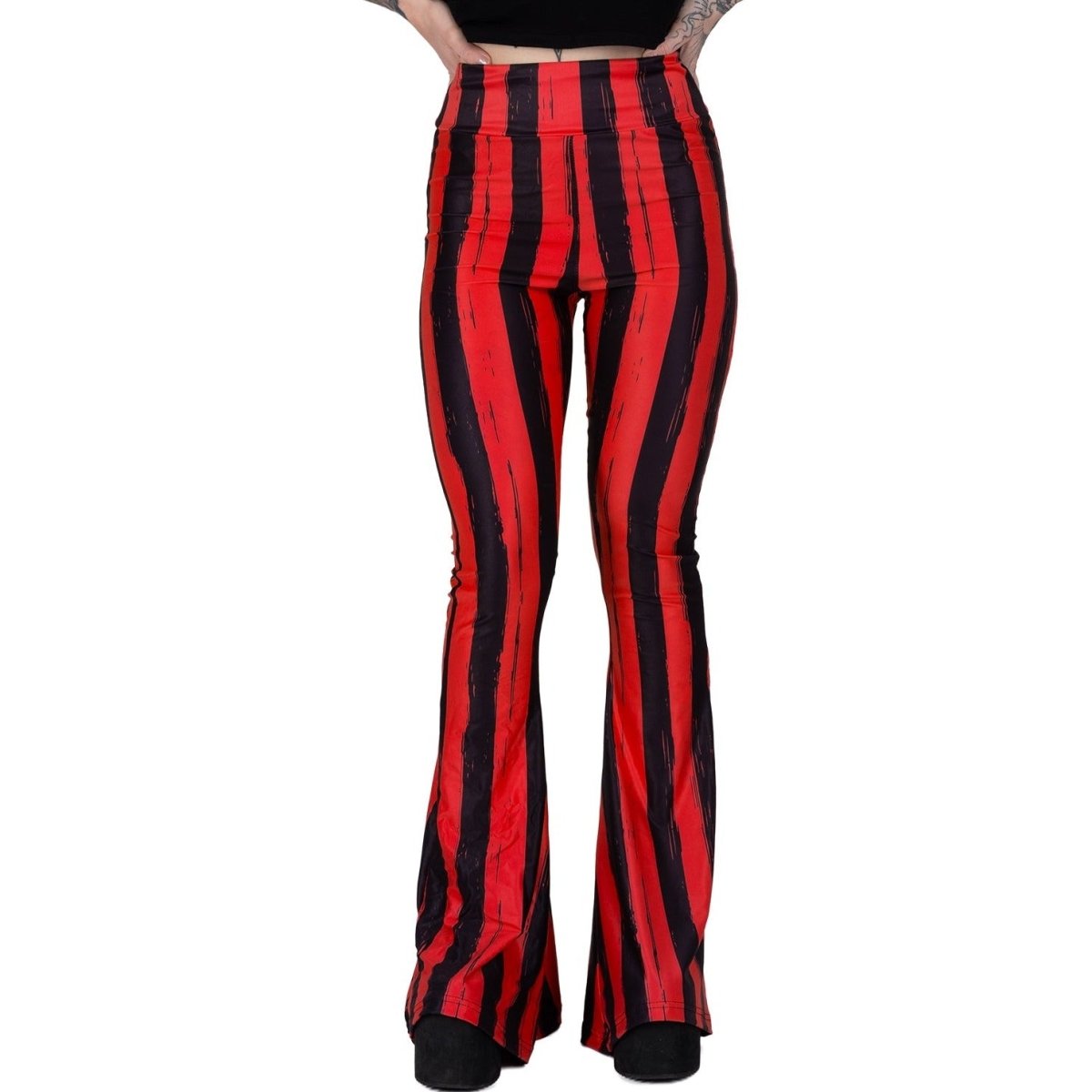 Too Fast | Distressed Red And Black Striped Hellz Bellz Bell Bottoms