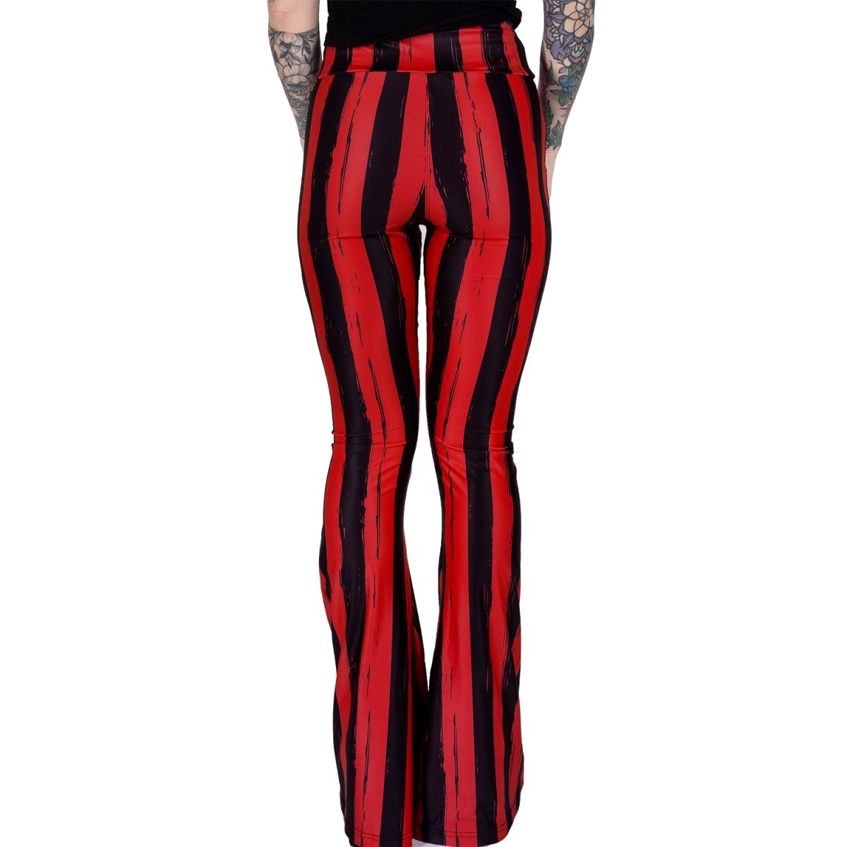 Too Fast | Distressed Red And Black Striped Hellz Bellz Bell Bottoms