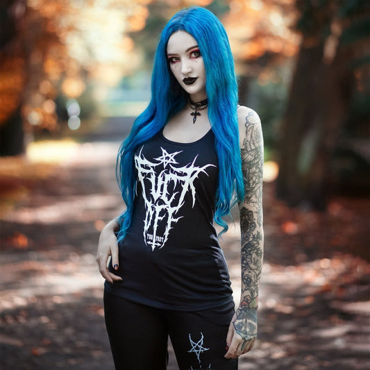 Too Fast | F Off Black Metal Logo Graphic Tank Racerback Tank