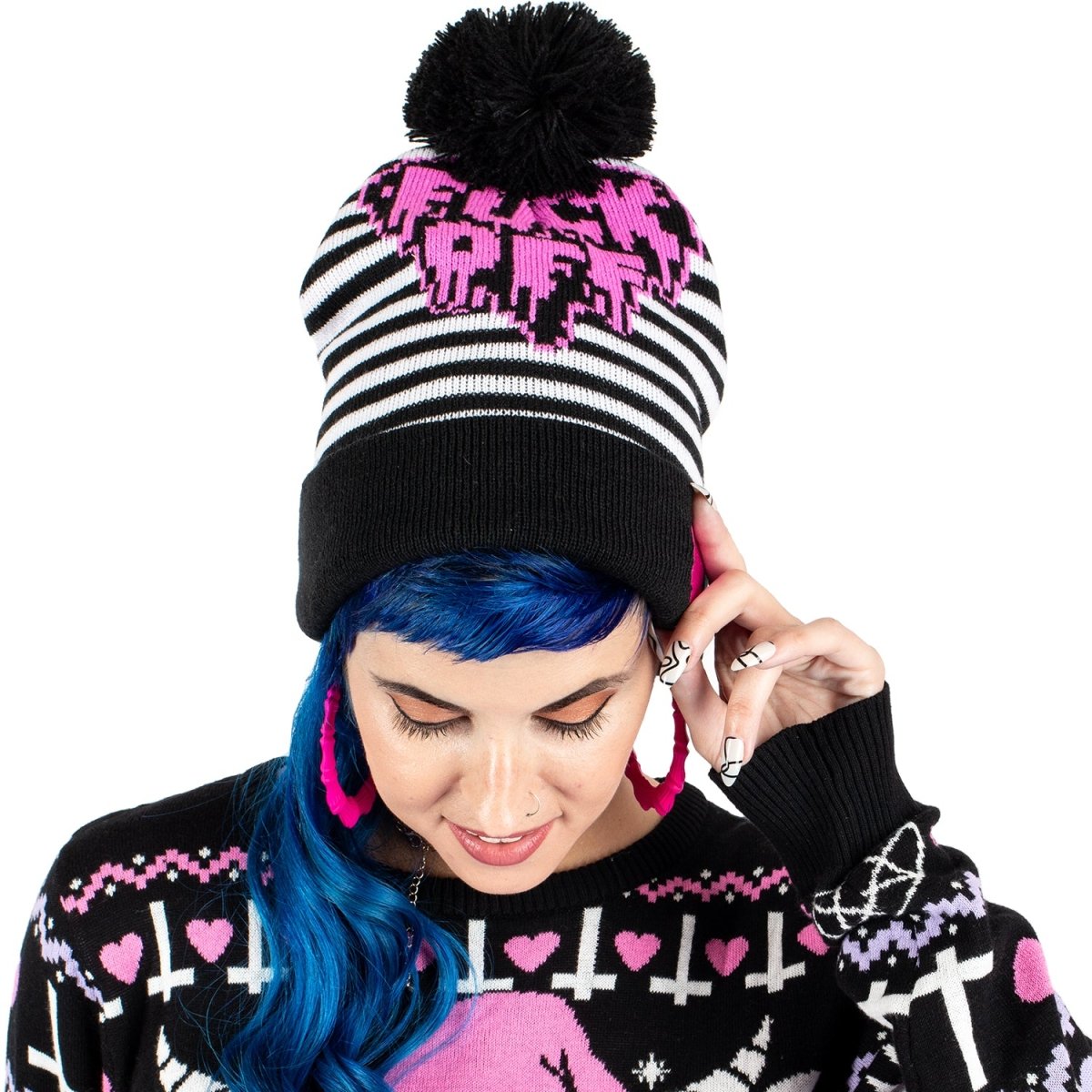 Too Fast | F Off Heart Striped Pom Pom Knit Beanie