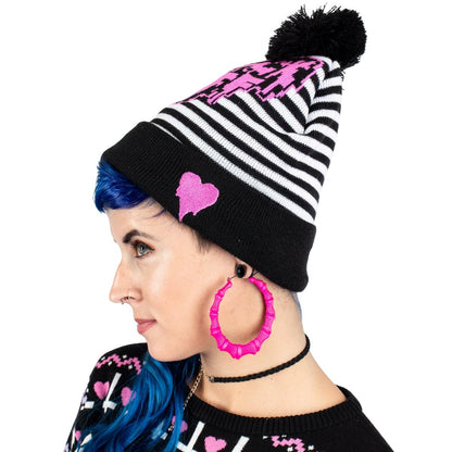 Too Fast | F Off Heart Striped Pom Pom Knit Beanie