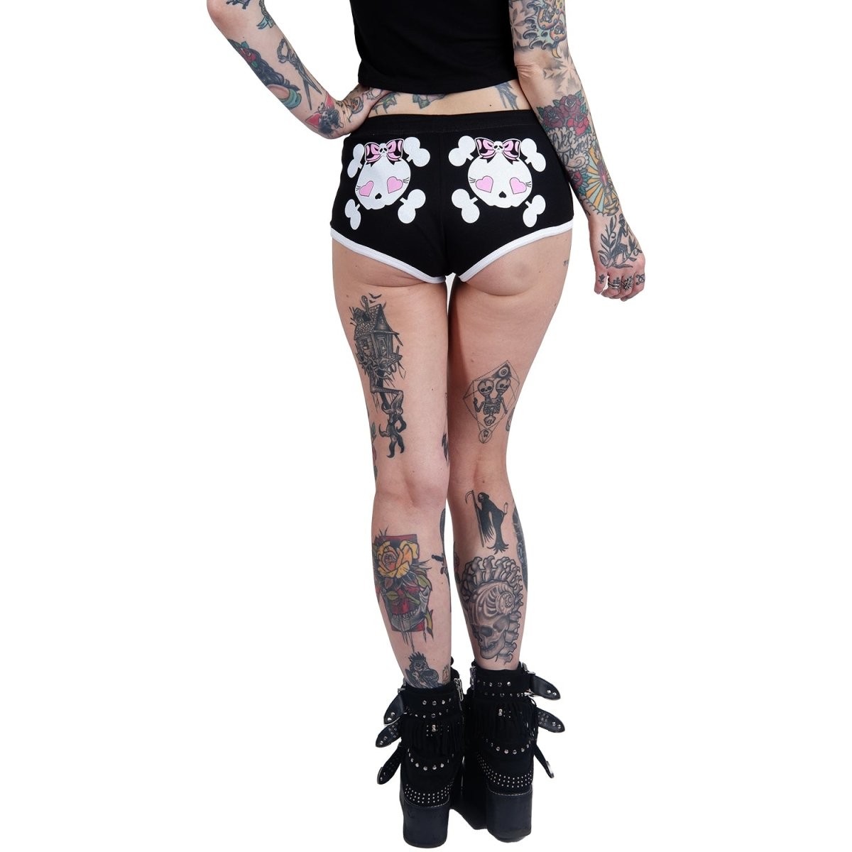 Too Fast | Heart Eye Skull With Bows Black Short Shorts