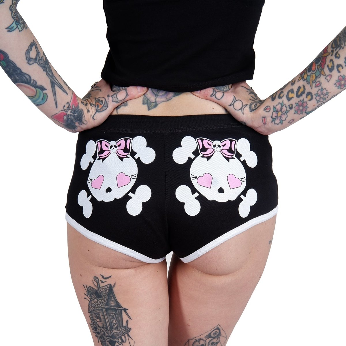 Too Fast | Heart Eye Skull With Bows Black Short Shorts