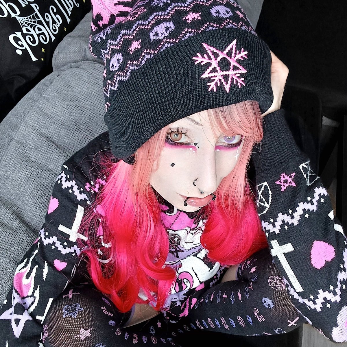 Too Fast | Merry Pastel Goth Pom Pom Knit Beanie