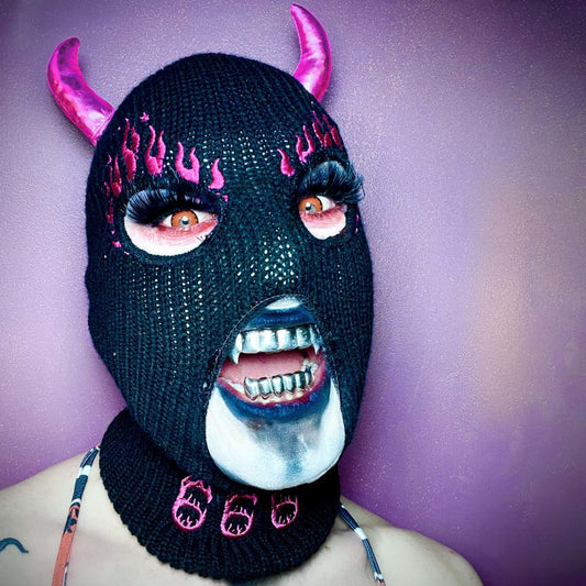 Too Fast | Pink Devil 666 Embroidered Balaclava Ski Mask