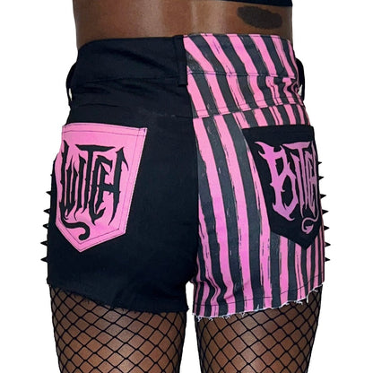 Too Fast | Pink Striped Witch Bitch Studded Stretch Denim Shorts