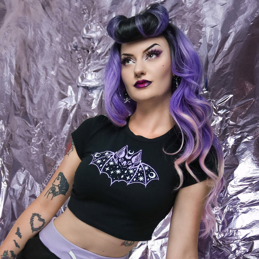 Too Fast | Purple Bats and Stars Cropped Baby Tee