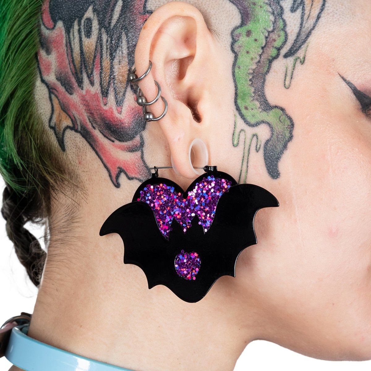 Too Fast | Purple Heart Bat Hoop Earrings