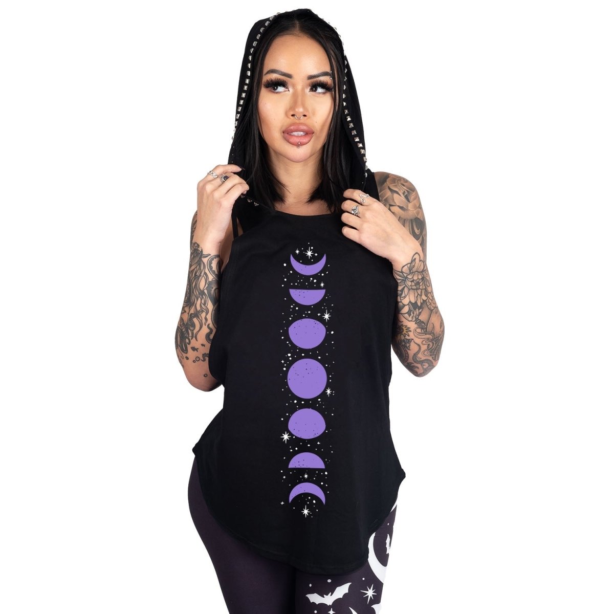 Too Fast | Purple Moon Phases Studded Hooded Tank