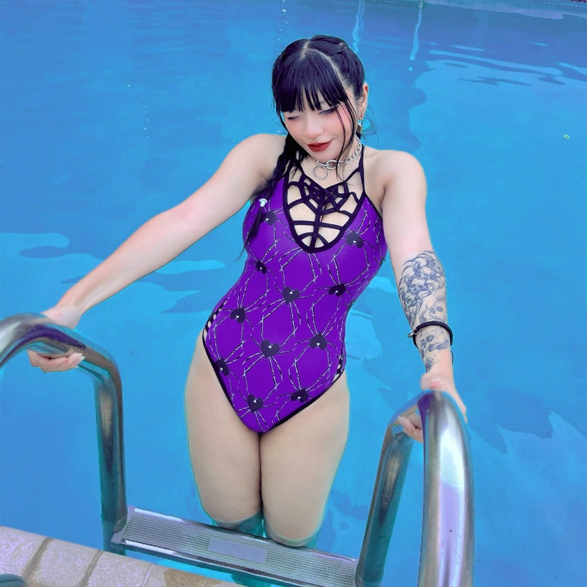 Too Fast | Purple Spider Hearts Web Caged One Piece Swimsuit