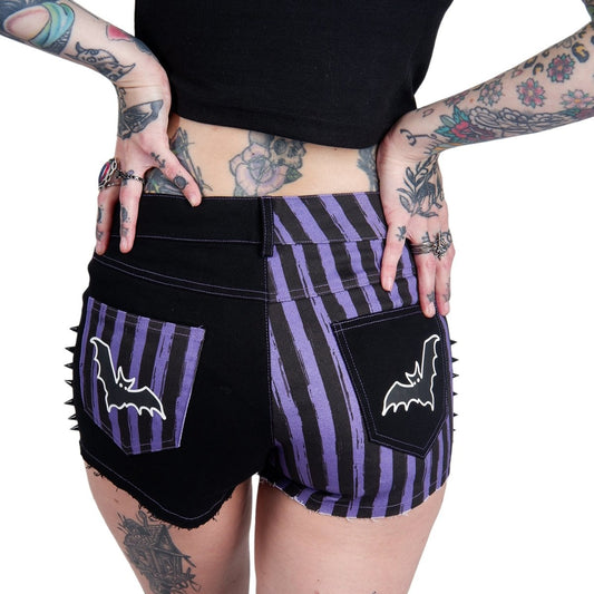 Too Fast | Purple Striped Bat Studded Stretch Denim Shorts