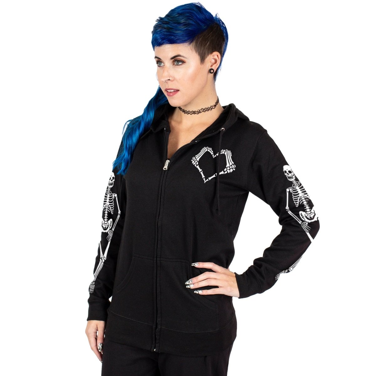 Too Fast | Skeleton Models Heart Zip Up Hooded Sweatshirt