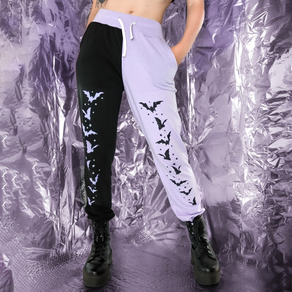 Too Fast | Bats and Stars Two Tone Purple and Black Sweatpants