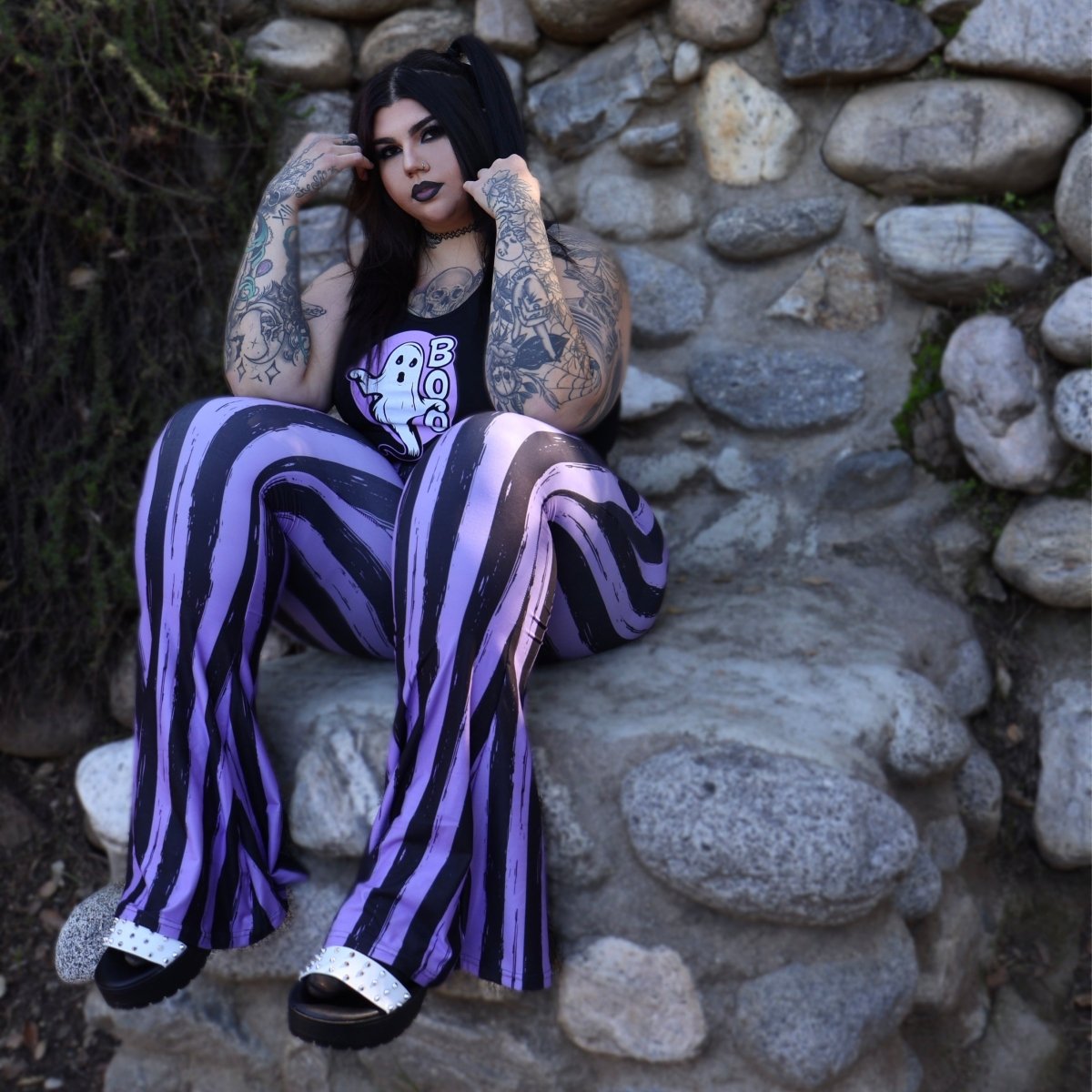 Too Fast | Distressed Black and Purple Striped Flare Pant Hellz Bellz