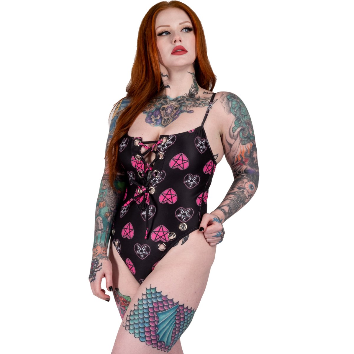 Too Fast | Pastel Goth Pentagram Hearts Eyelet One Piece Swimsuit
