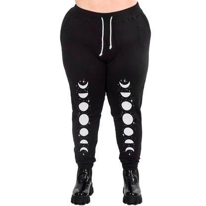 Too Fast | Phases Of The Moon and Stars Black Goth Sweatpants