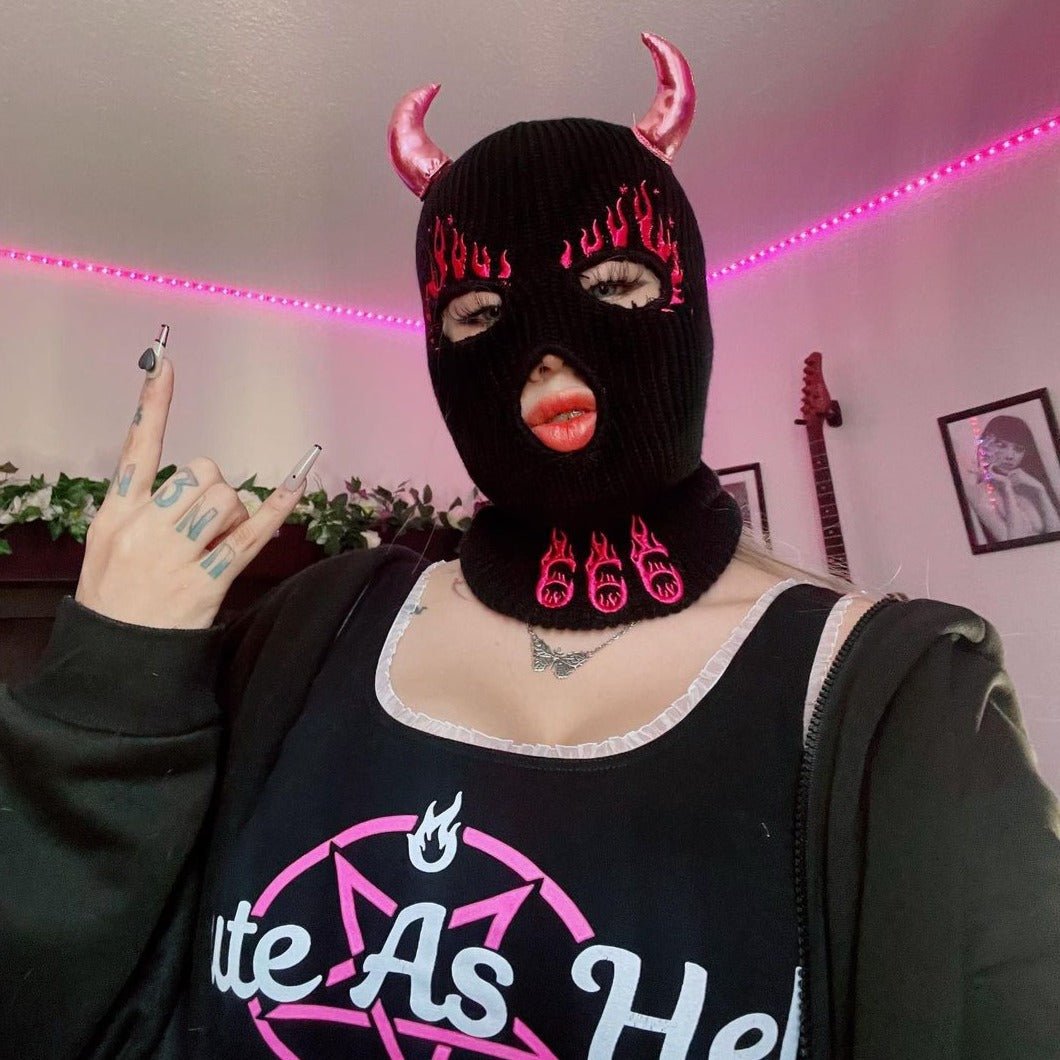Too Fast | Pink Devil 666 Embroidered Balaclava Ski Mask