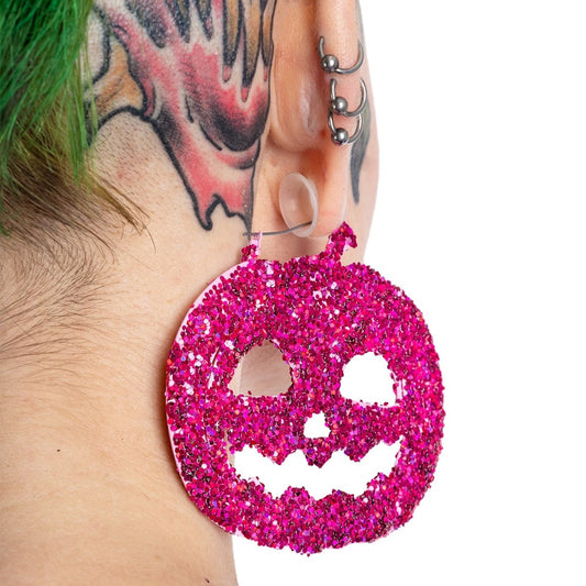 Too Fast | Pink Glitter Pumpkin Hoop Earrings