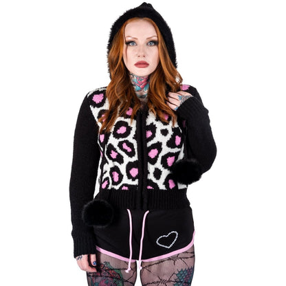 Too Fast | Pink Leopard Print Zip Up Cardigan Sweater