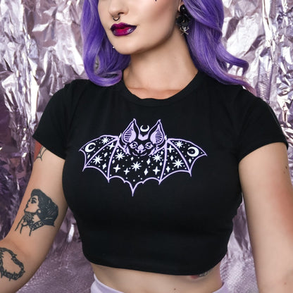 Too Fast | Purple Bats and Stars Cropped Baby Tee