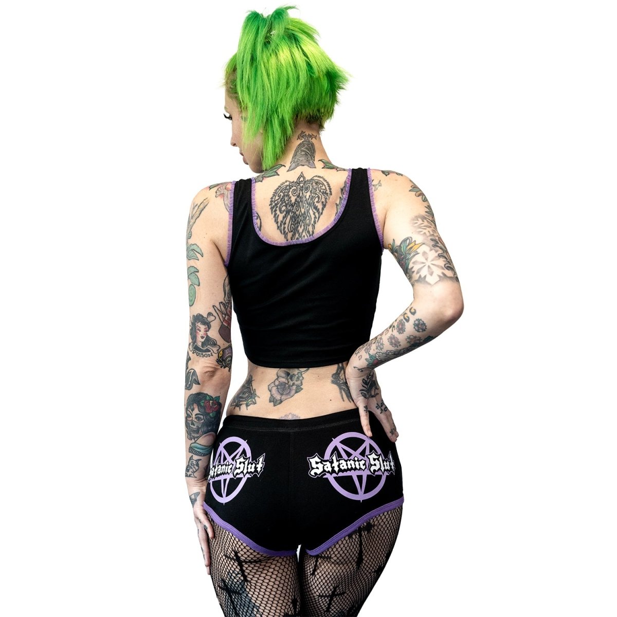 Too Fast | Satanic Slut 666 Purple Trim Short Shorts
