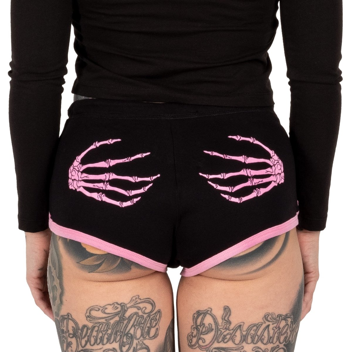 Too Fast | Skeleton Hands Pink Trim Dolphin Shorts
