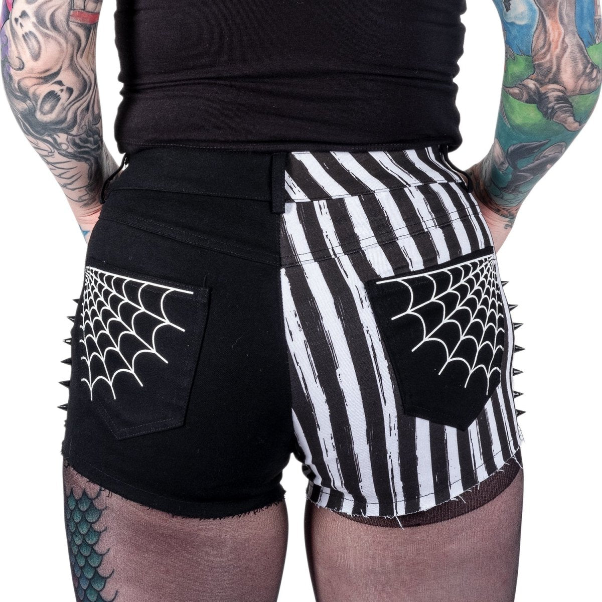 Too Fast | Spiderweb Black and White Striped Studded Stretch Denim Shorts