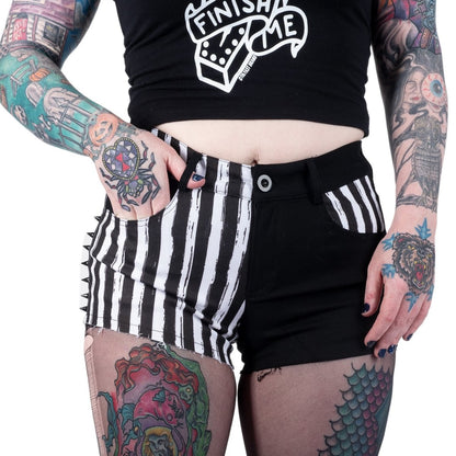 Too Fast | Spiderweb Black and White Striped Studded Stretch Denim Shorts