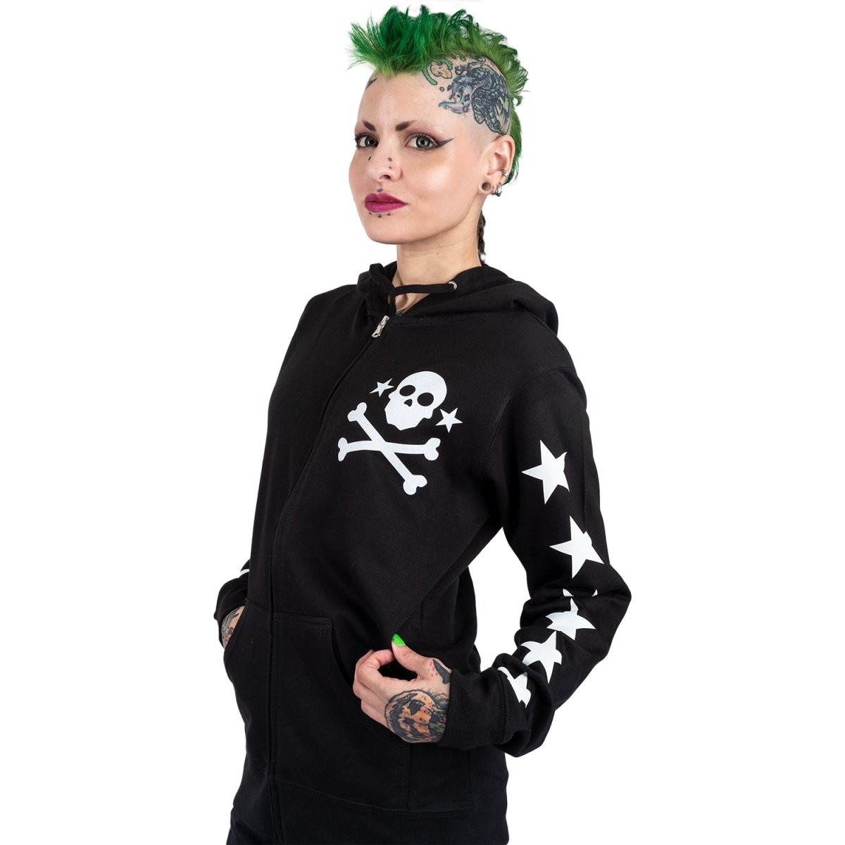 Too Fast | Star Studded Skull And Bones Zip Up Hoodie Hooded Sweatshirt